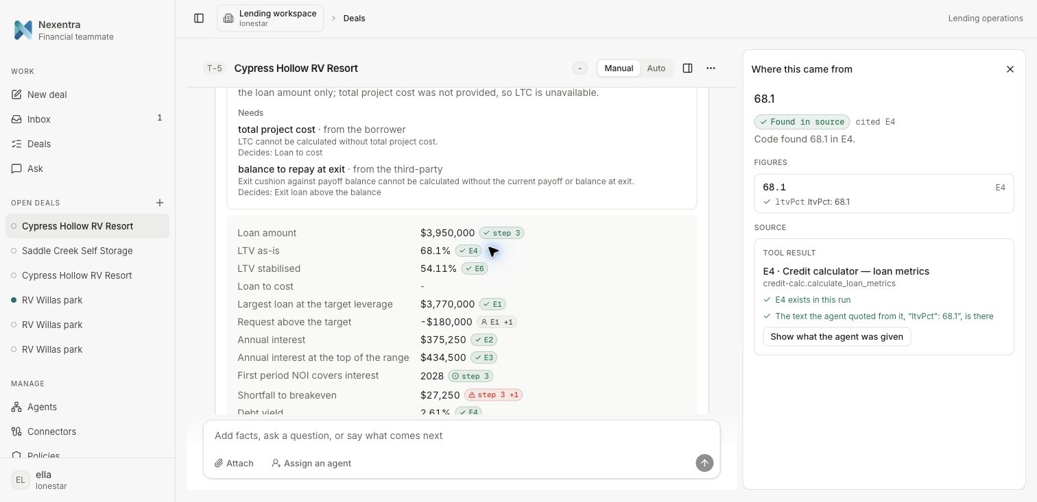 CRE demo showing loan-to-value analysis alongside calculator evidence