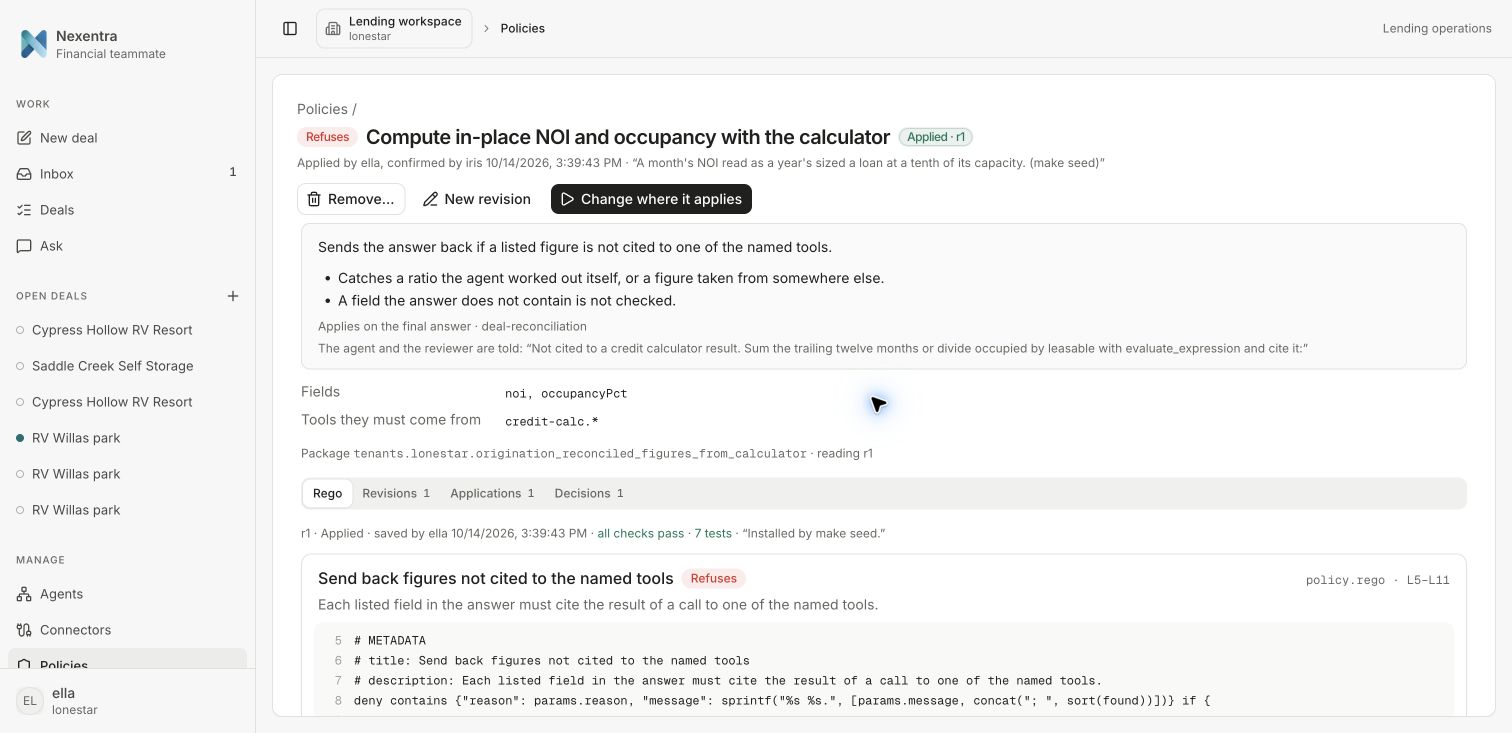 Nexentra policy editor showing required calculation evidence and enforcement logic